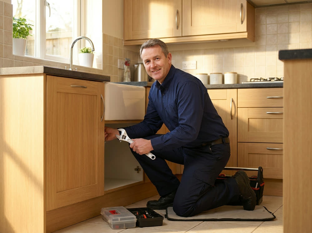 Professional plumber working under a kitchen sink